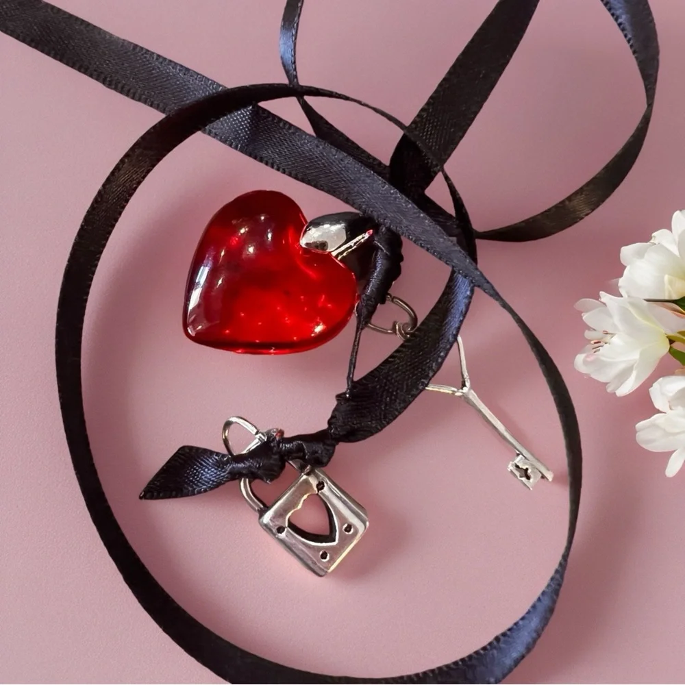 Glass Red Heart Pendant Necklace with Key and Lock Charm on Double Sided Satin